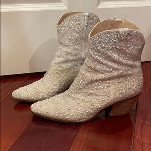 Betsey Johnson Pearl-Embellished Cream Ankle Booties